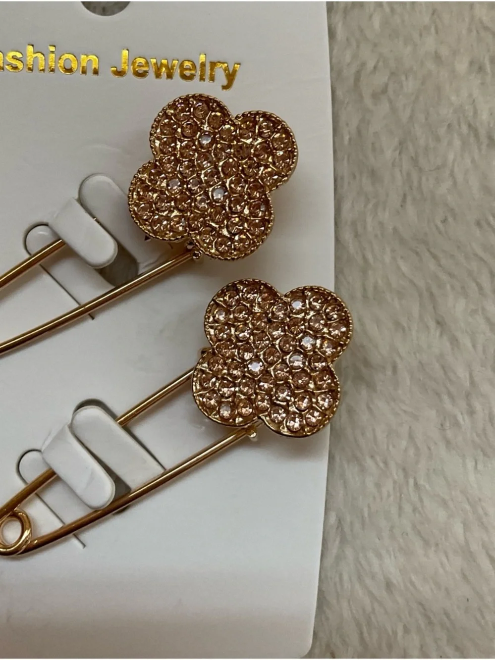 Fashion Jewelry Gold Crystal Flower Safety Pin Brooches - Gold